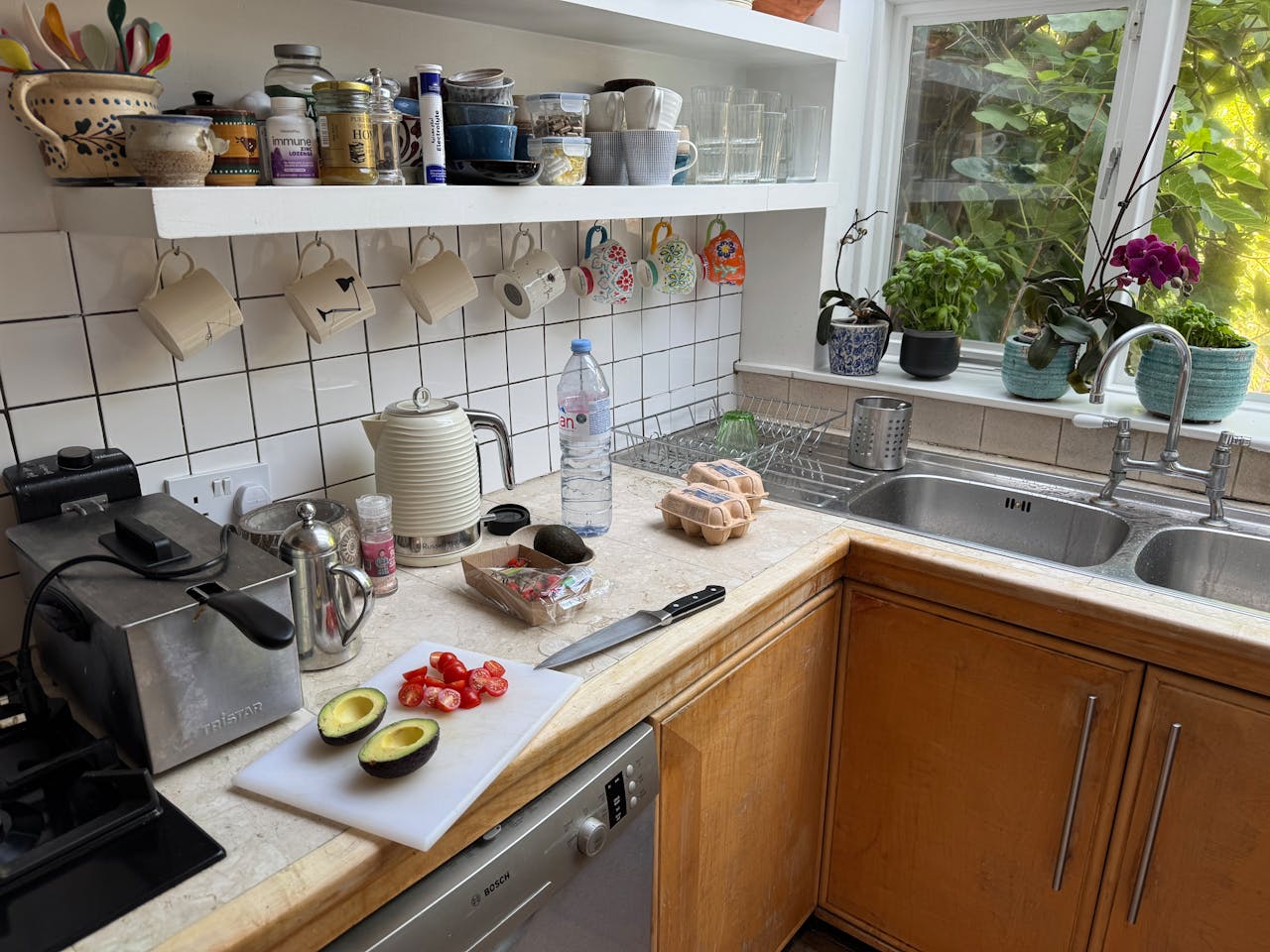 about-us Kitchen counter with fresh avocado, tomatoes, and kitchenware near a bright window.